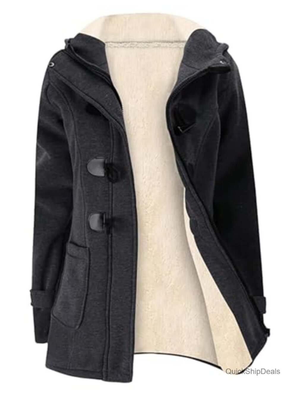 Sherpa Lined Fleece Winter Jacket Women Toggle Duffle Coat Hooded Warm